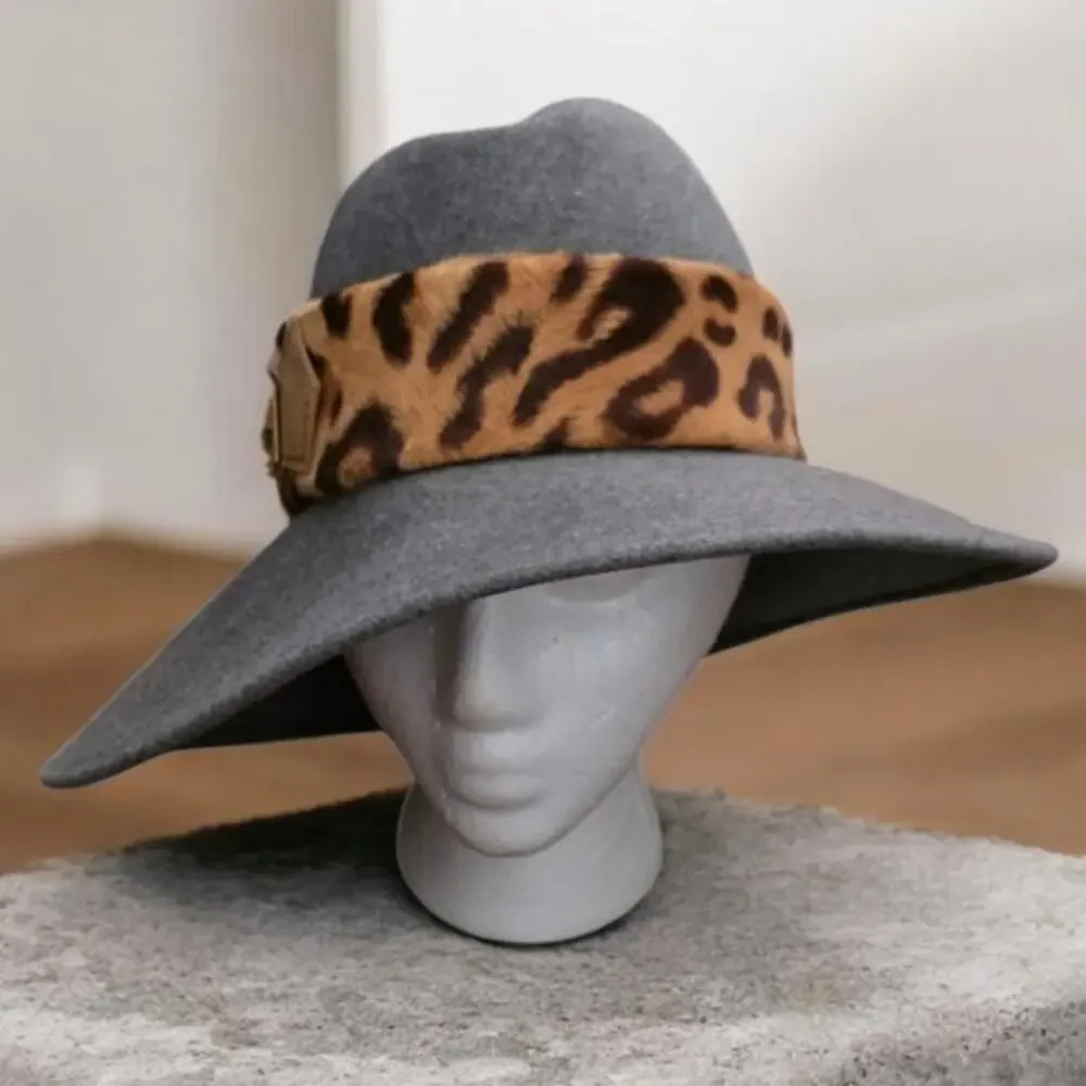 Vintage Fedora Adolfo II Hat Wool Wide Brim Felt Womens Gray Leopard